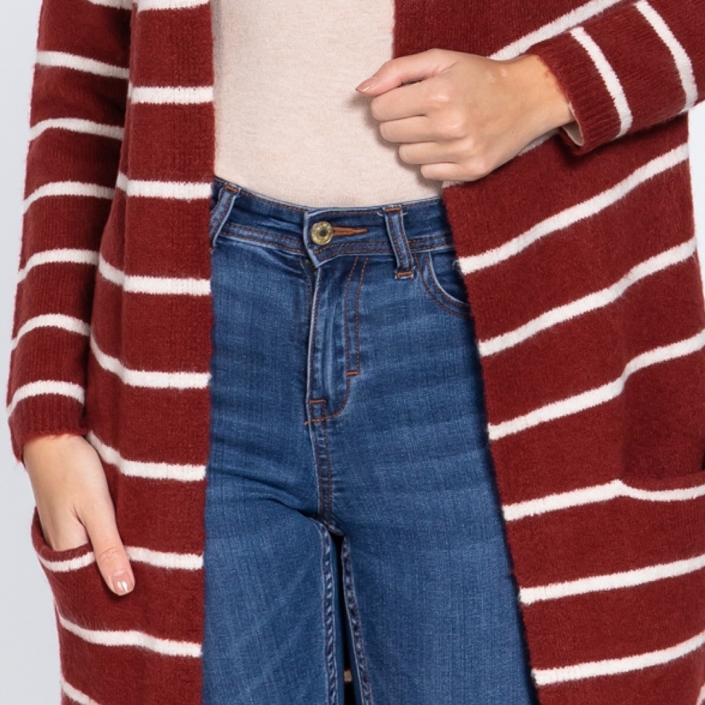 FEW LEFT❗️Cozy Chic Burgundy Striped Long Open Cardigan - Picture 3 of 8